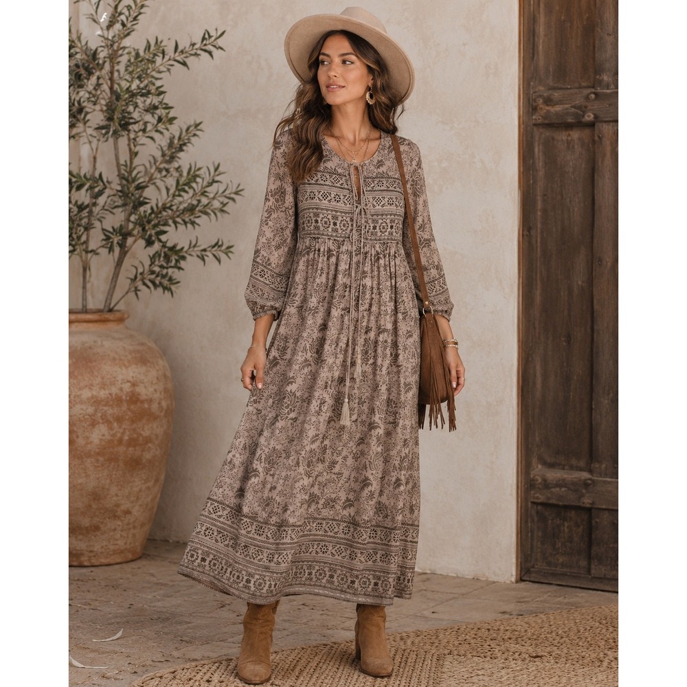 R.Vivimos Boho Peasant Dress Womens L 12/14 Beige Floral Cottagecore Midi Tiered